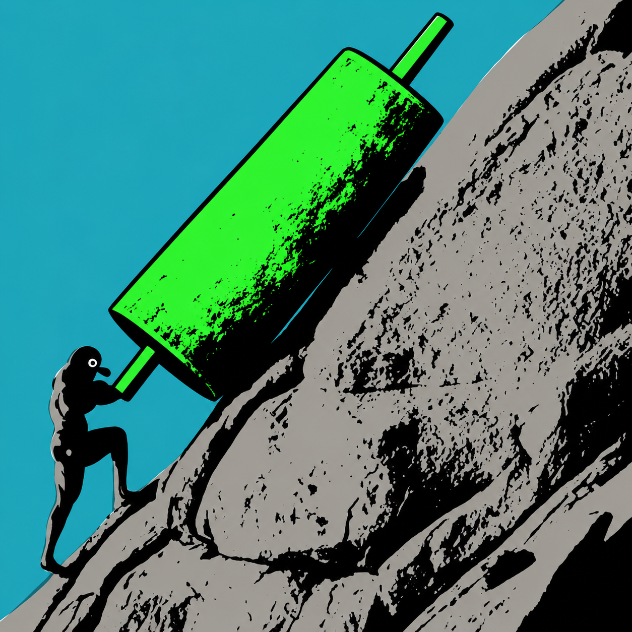 A climber pushing a giant neon green cylinder up a rocky mountain